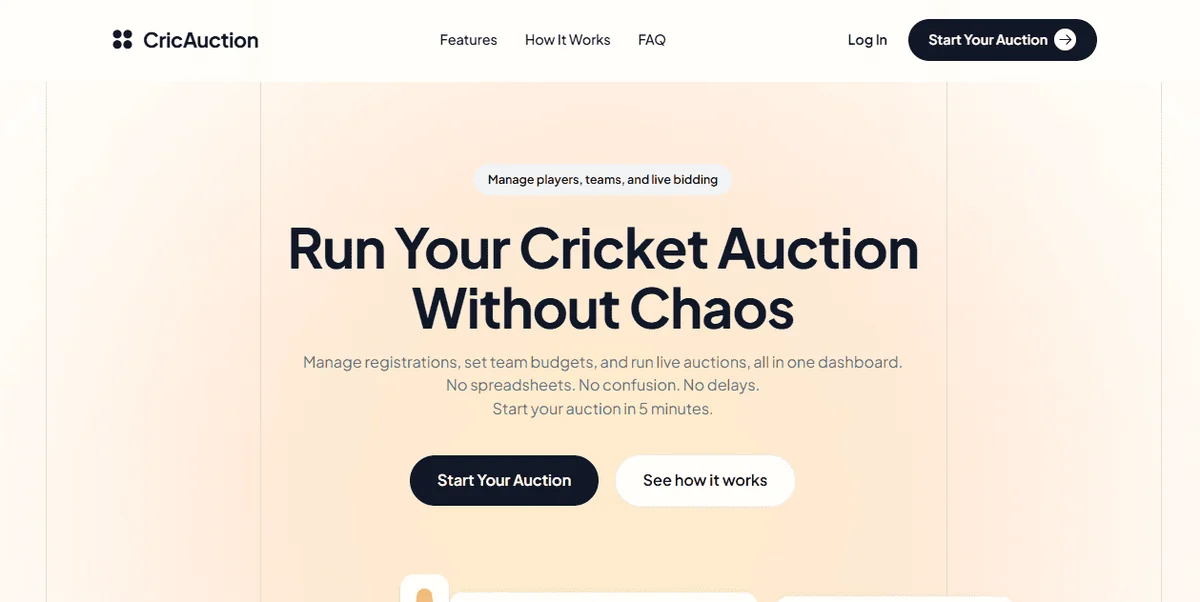 CricAuctionLive supplied homepage capture