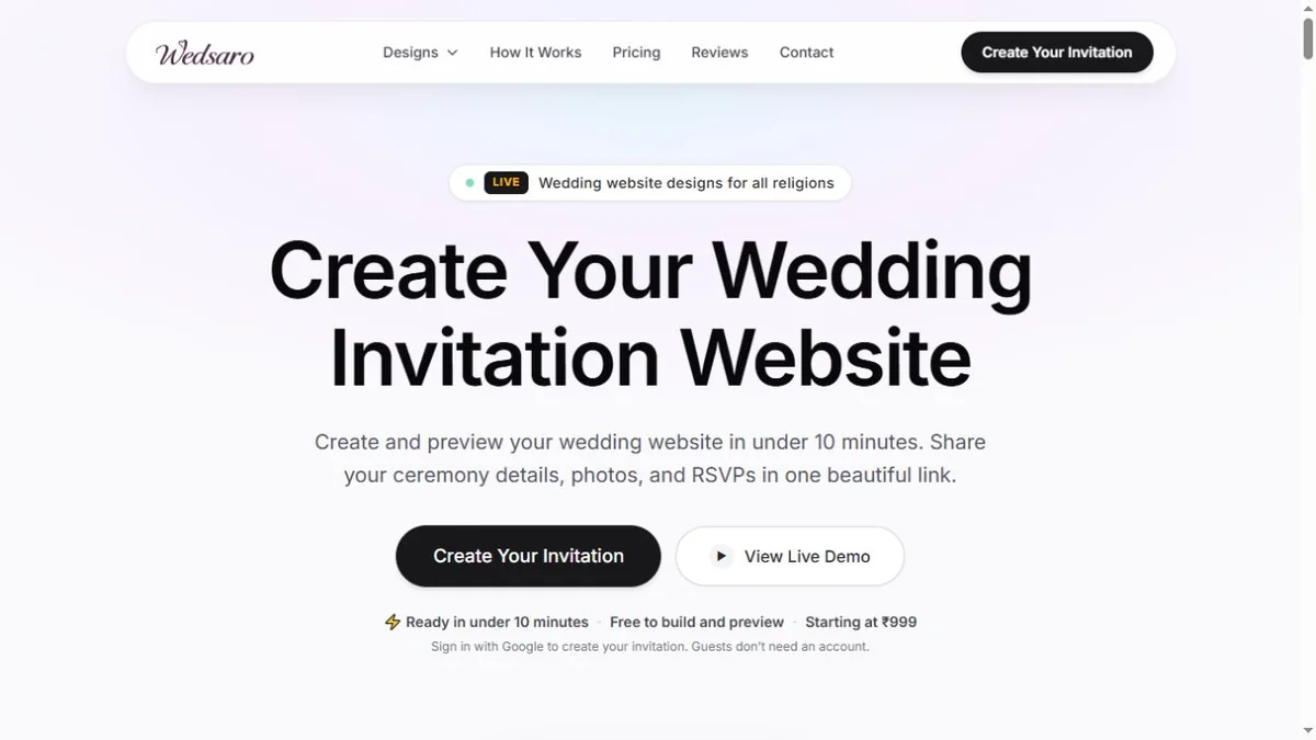 Wedsaro platform with clear invitation and demo actions